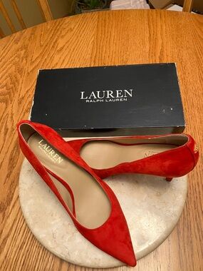Lauren Ralph Lauren Red Suede Pointed Kitten Heel Pumps